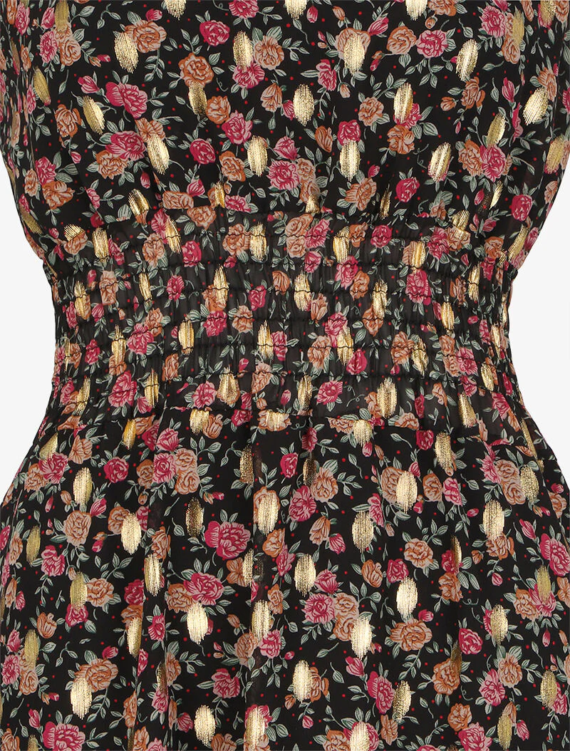 Robe mi-longue col lavallière à imprimé fleuri - Noir - Image 3