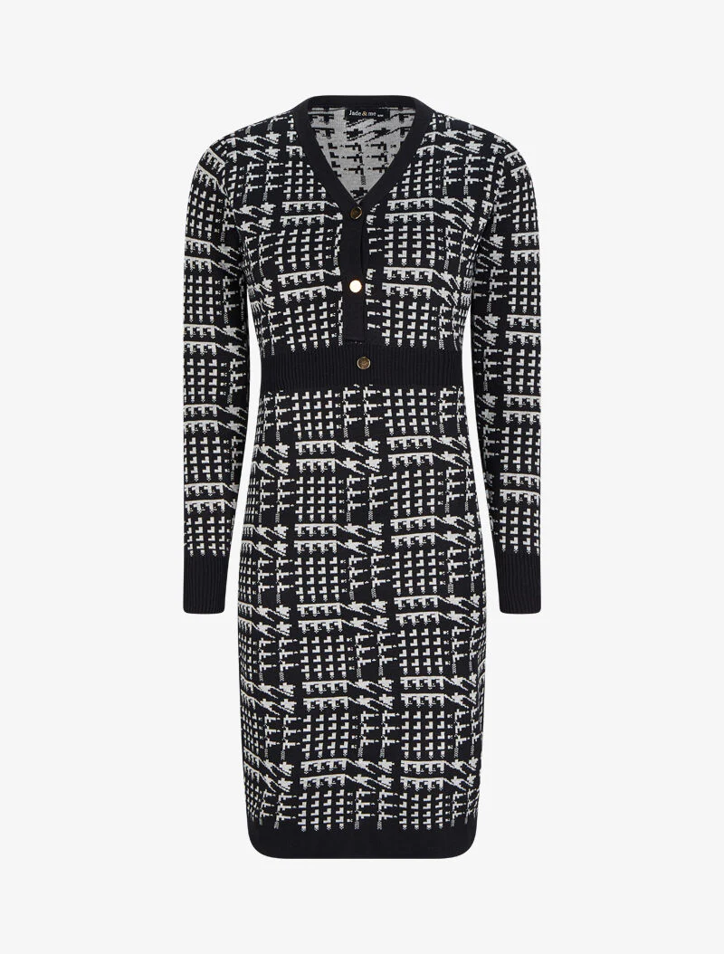 Robe mi-longue col V à imprimé graphique - Noir/gris