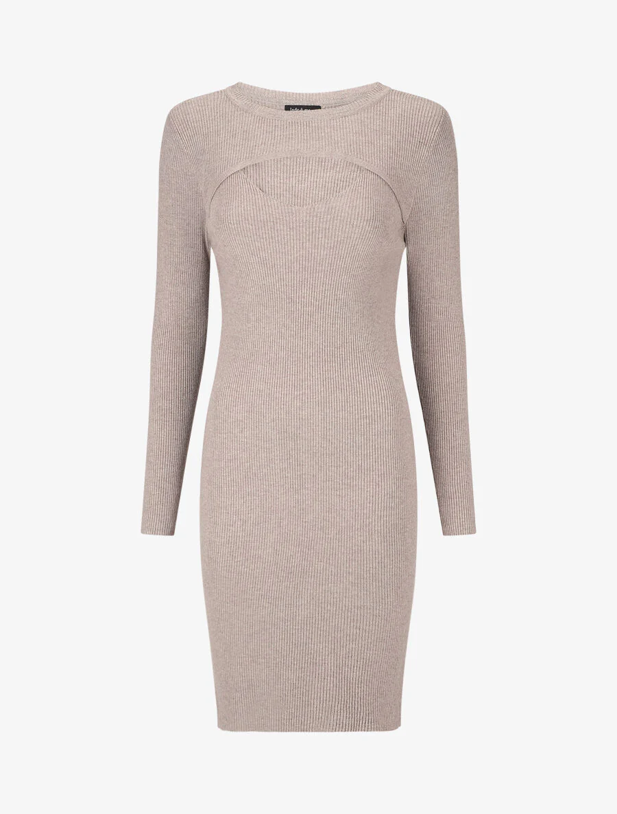 Robe mi-longue côtelée à décolleté ajouré - Taupe