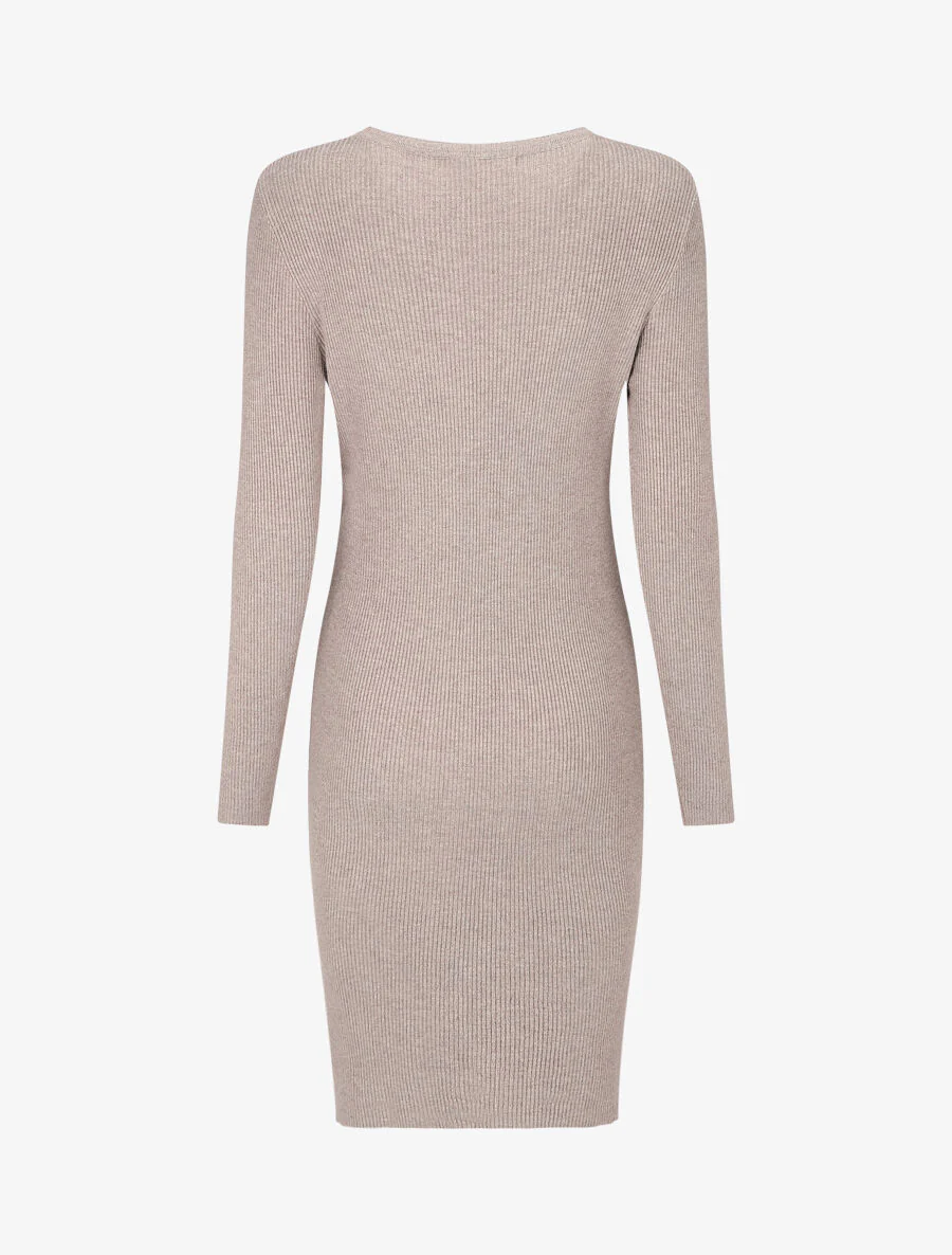 Robe mi-longue côtelée à décolleté ajouré - Taupe - Image 2