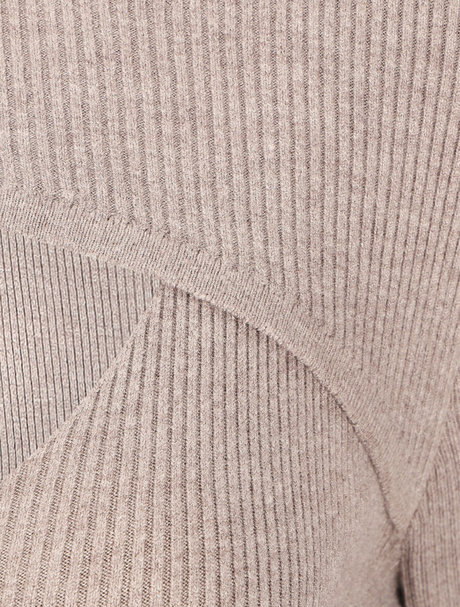 Robe mi-longue côtelée à décolleté ajouré - Taupe - Image 3