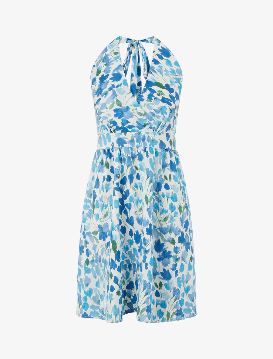 Robe mi-longue dos nu imprimé fleurs abstraites - Bleu