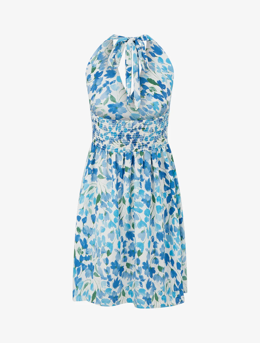 Robe mi-longue dos nu imprimé fleurs abstraites - Bleu - Image 2