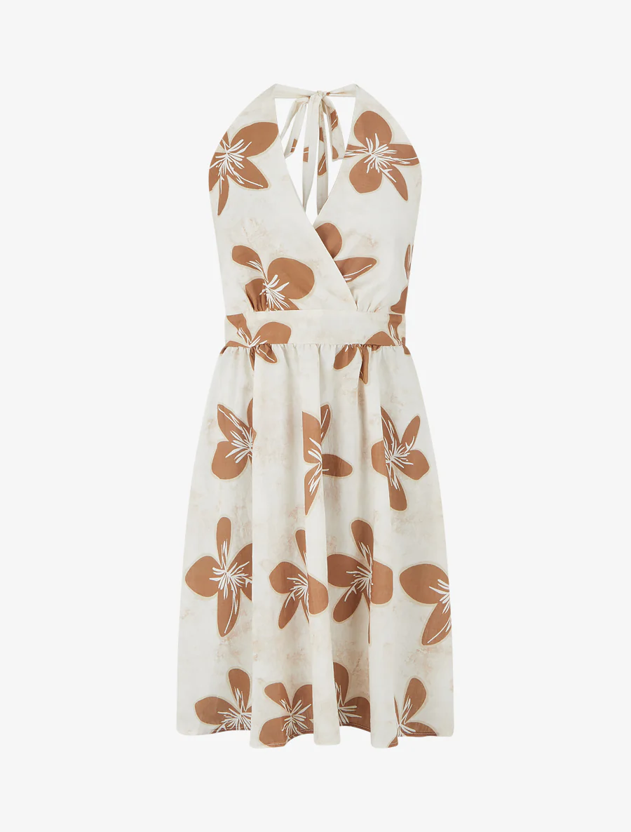 Robe mi-longue dos nu imprimé grandes fleurs - Terracotta