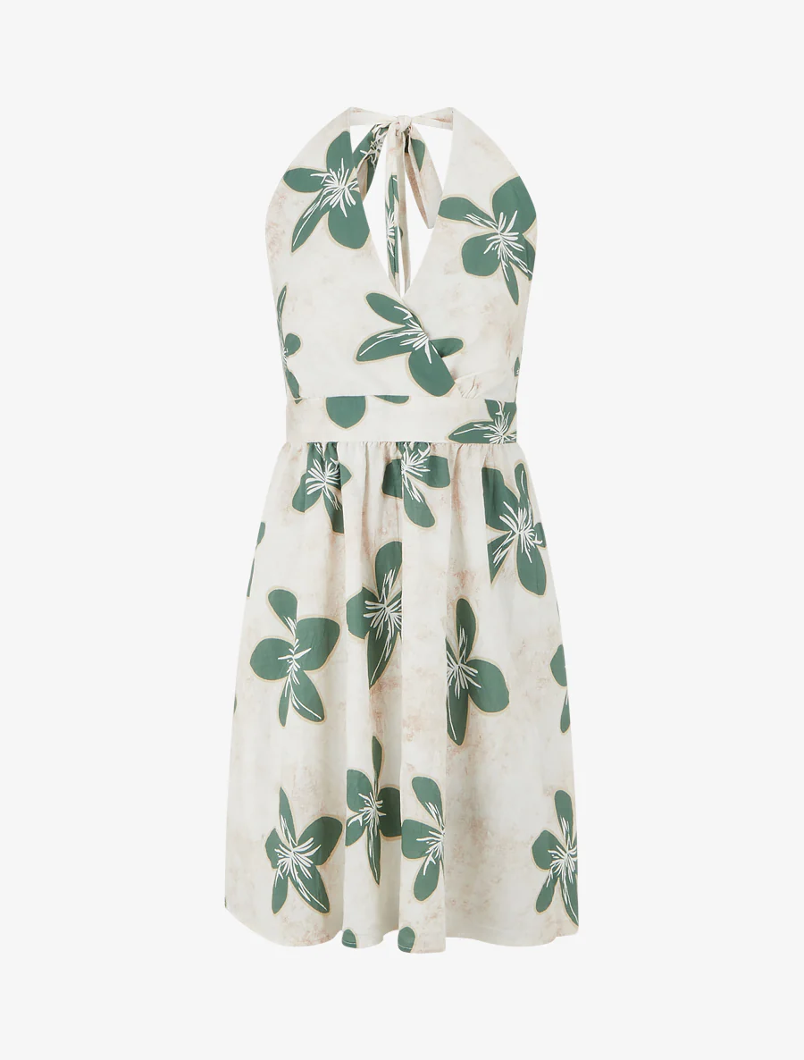 Robe mi-longue dos nu imprimé grandes fleurs - Vert
