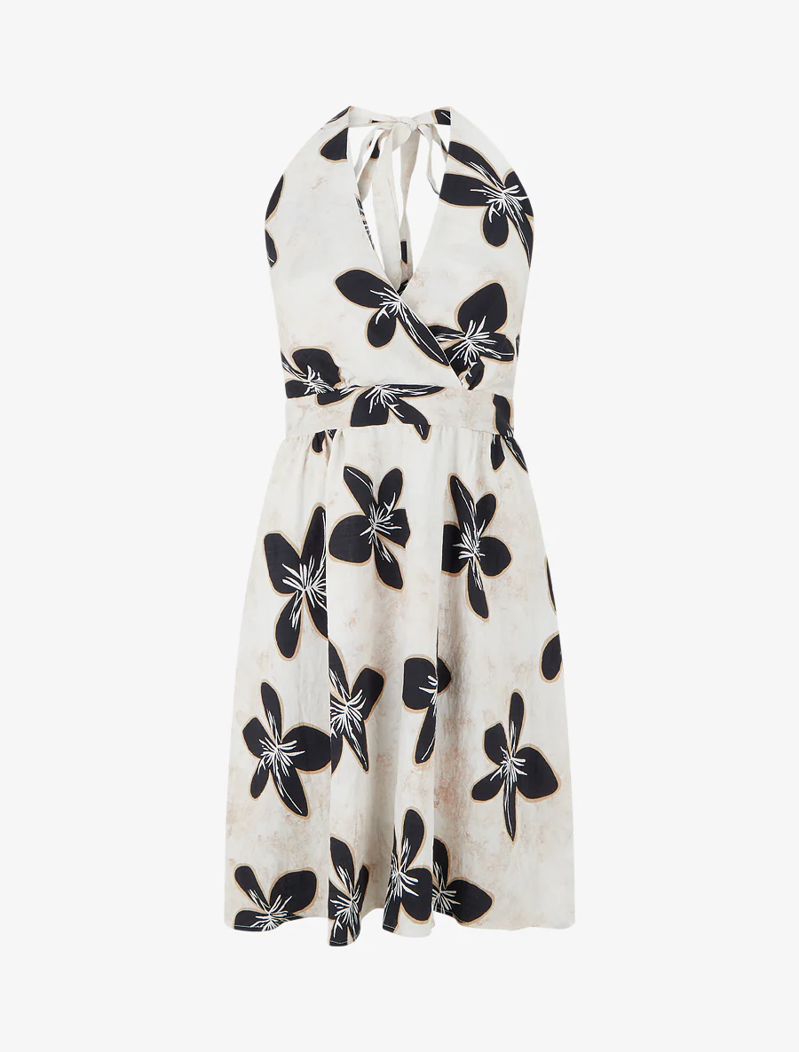 Robe mi-longue dos nu imprimé grandes fleurs - Bleu nuit