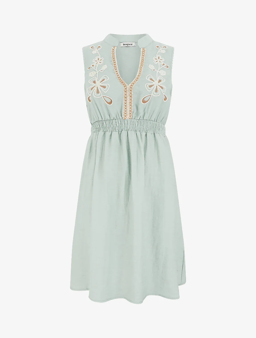 Robe mi-longue élastiquée à buste brodé - Vert pâle