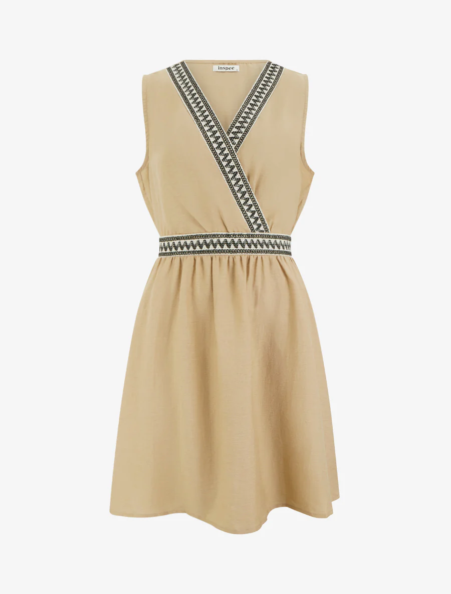 Robe mi-longue en lin à buste brodé - Taupe