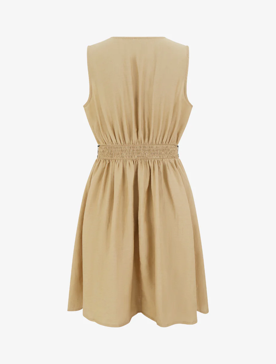 Robe mi-longue en lin à buste brodé - Taupe - Image 2