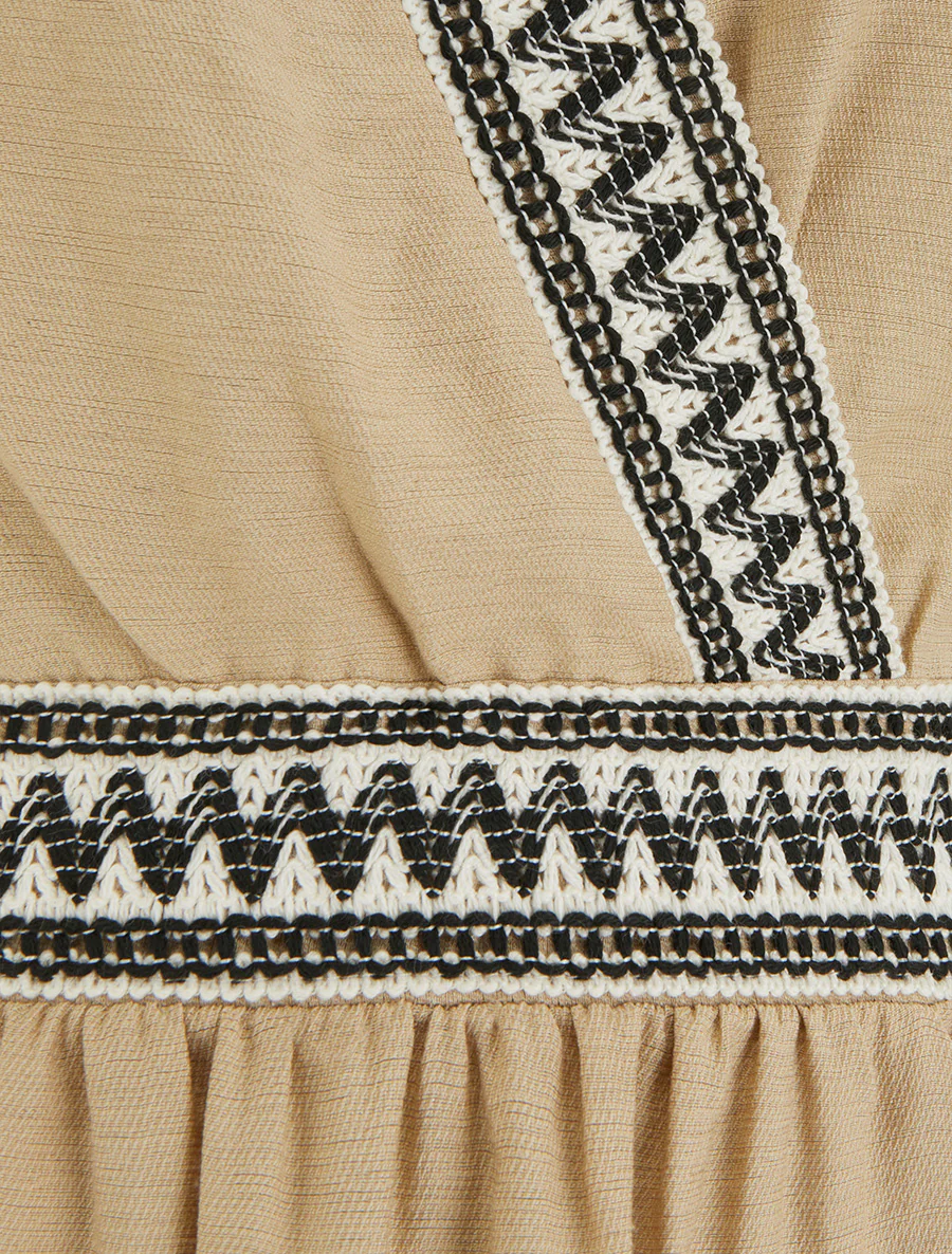Robe mi-longue en lin à buste brodé - Taupe - Image 3