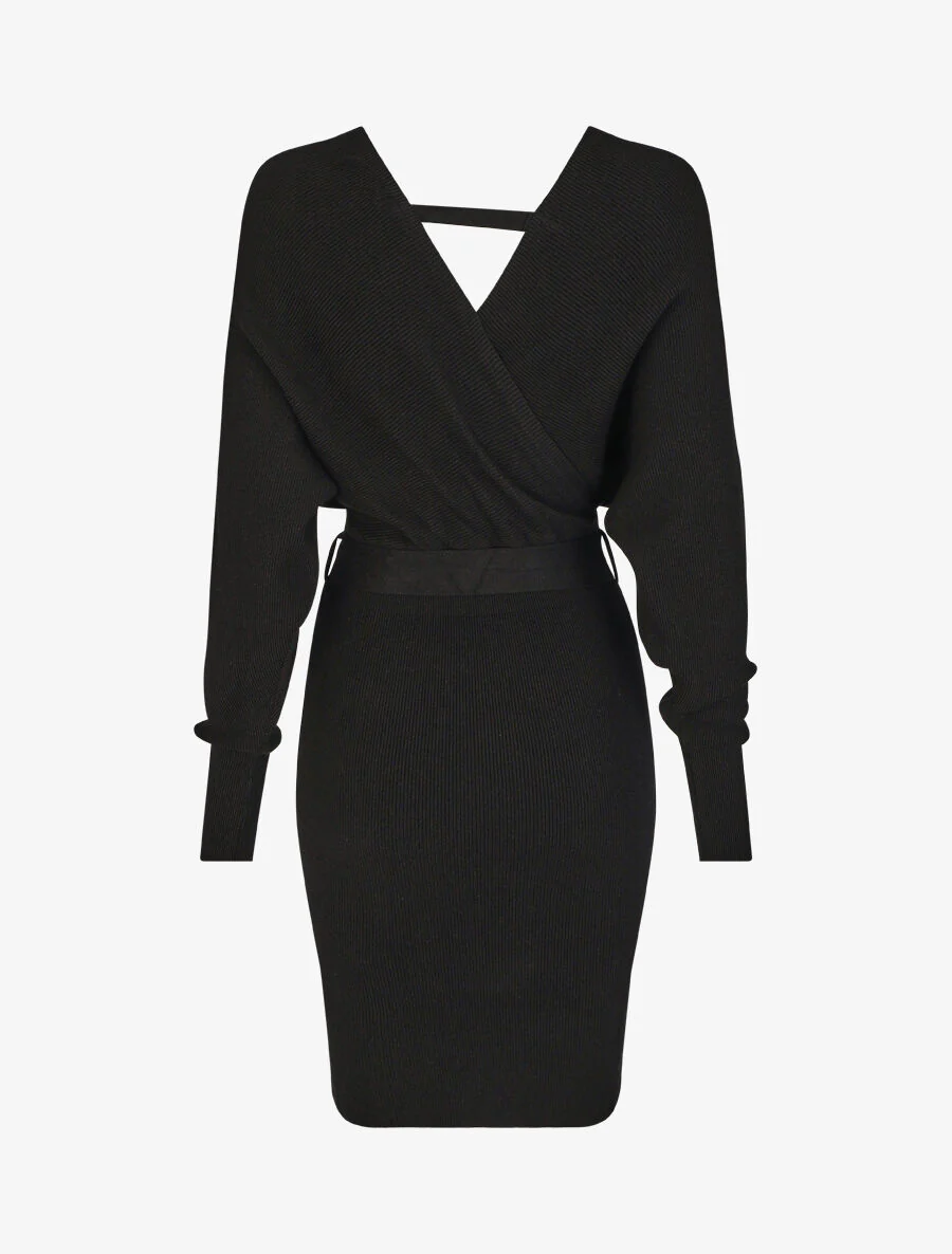 Robe mi-longue en maille à manches longues - Noir - Image 2