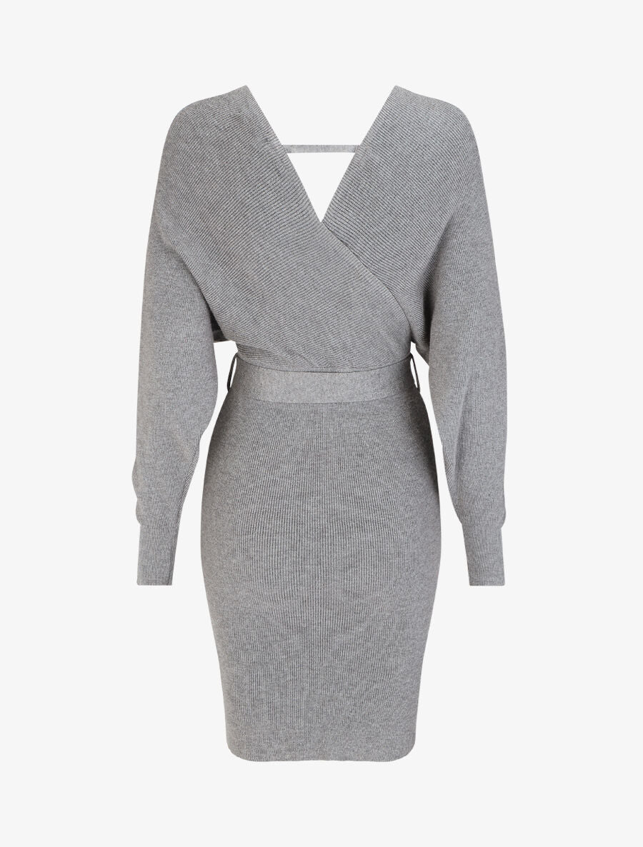 Robe mi-longue en maille à manches longues - Gris - Image 2