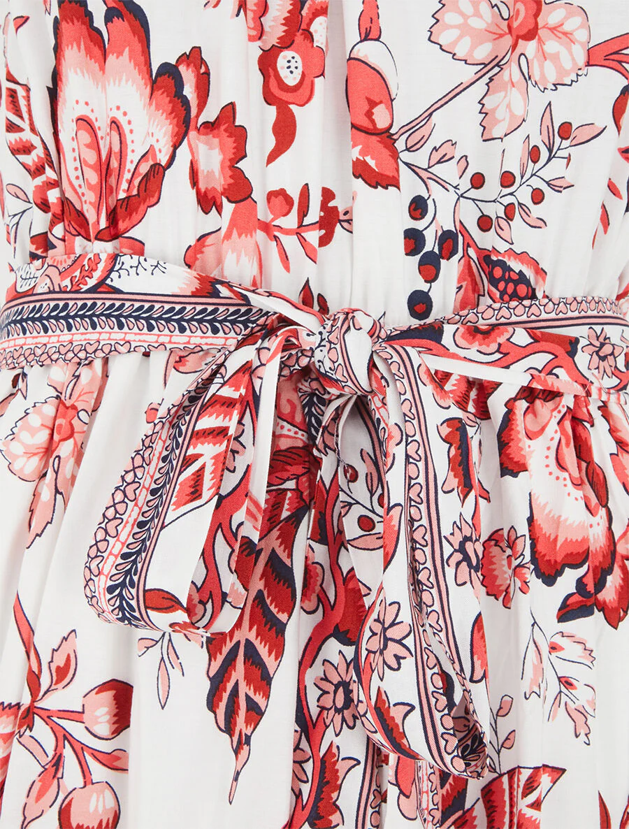 Robe mi-longue évasée imprimé floral - Rouge - Image 3