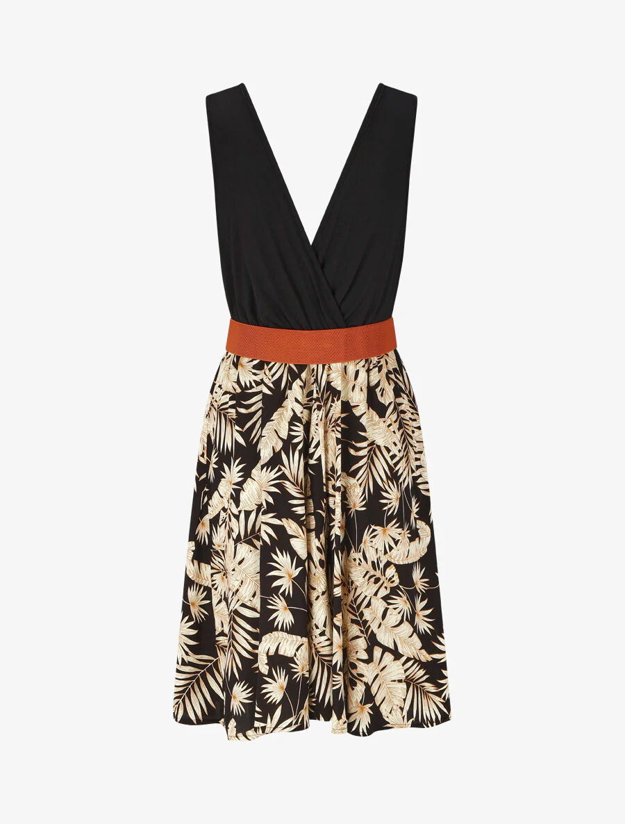 Robe mi-longue évasée imprimé tropical - Noir - Image 2