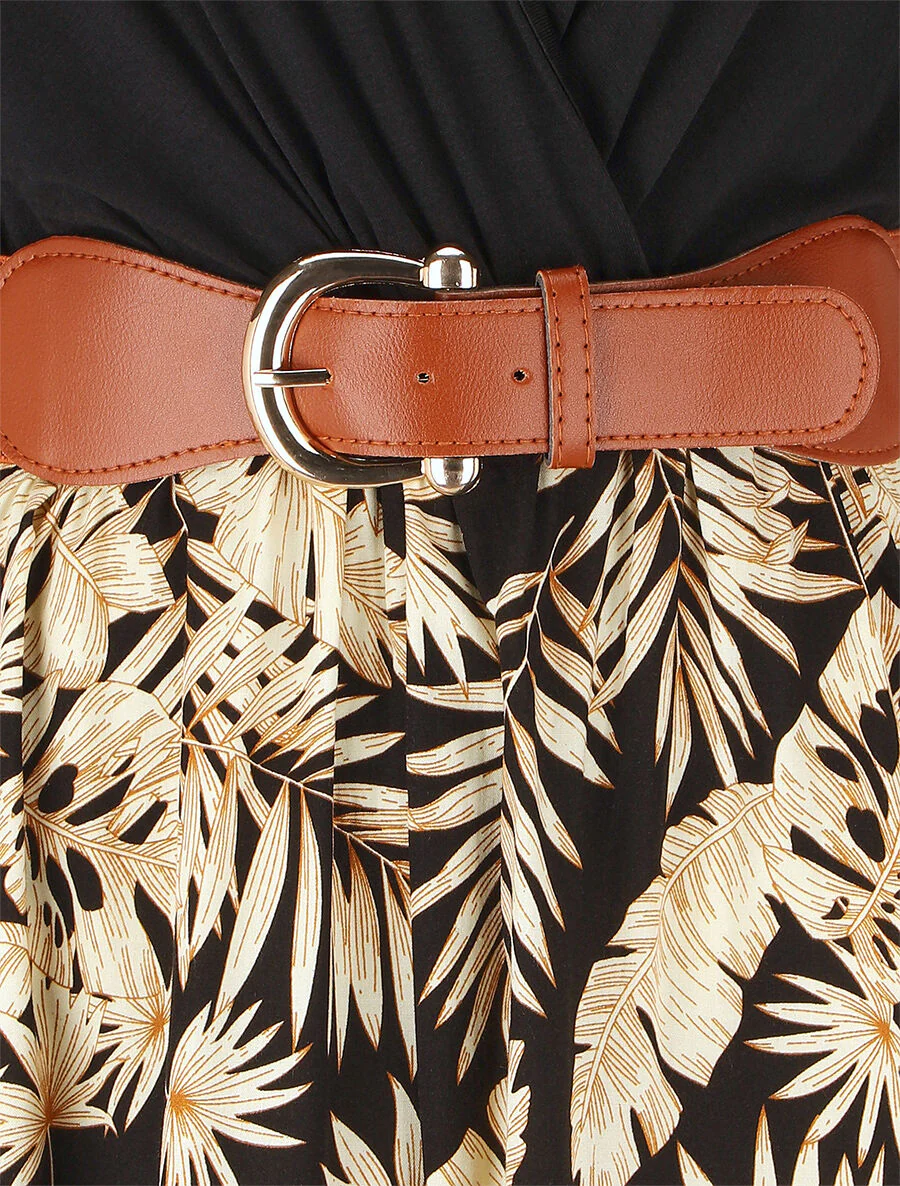 Robe mi-longue évasée imprimé tropical - Noir - Image 3
