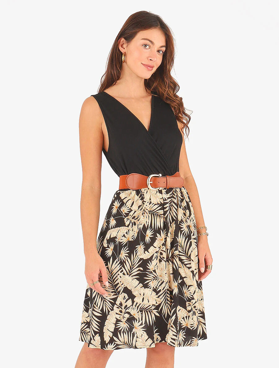 Robe mi-longue évasée imprimé tropical - Noir - Image 4