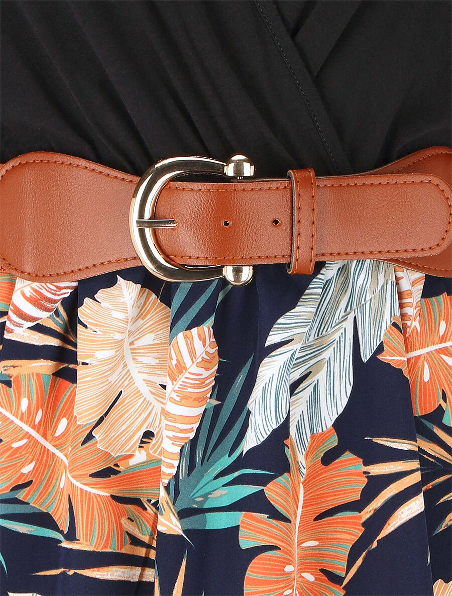 Robe mi-longue évasée imprimé tropique - Marine - Image 3