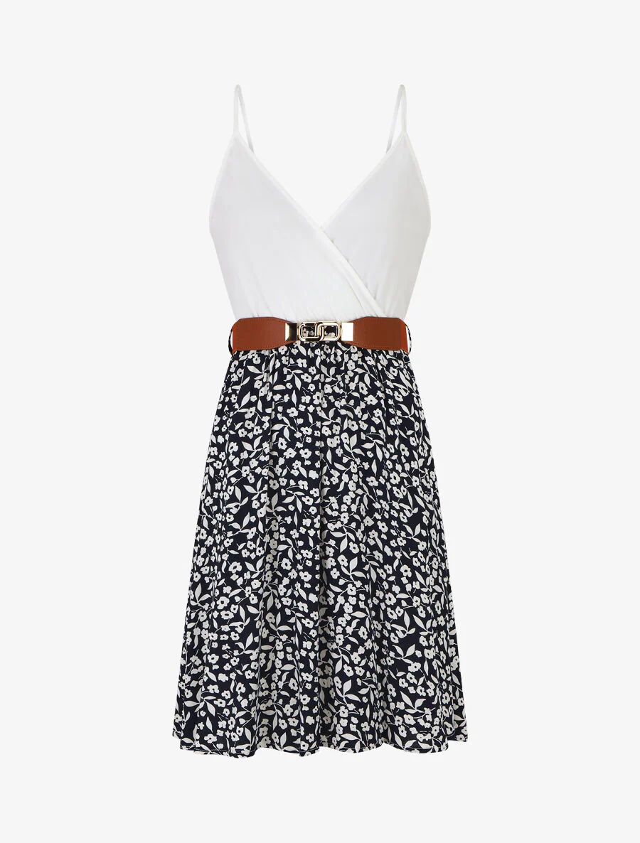 Robe mi-longue fleurie à fines bretelles - Marine