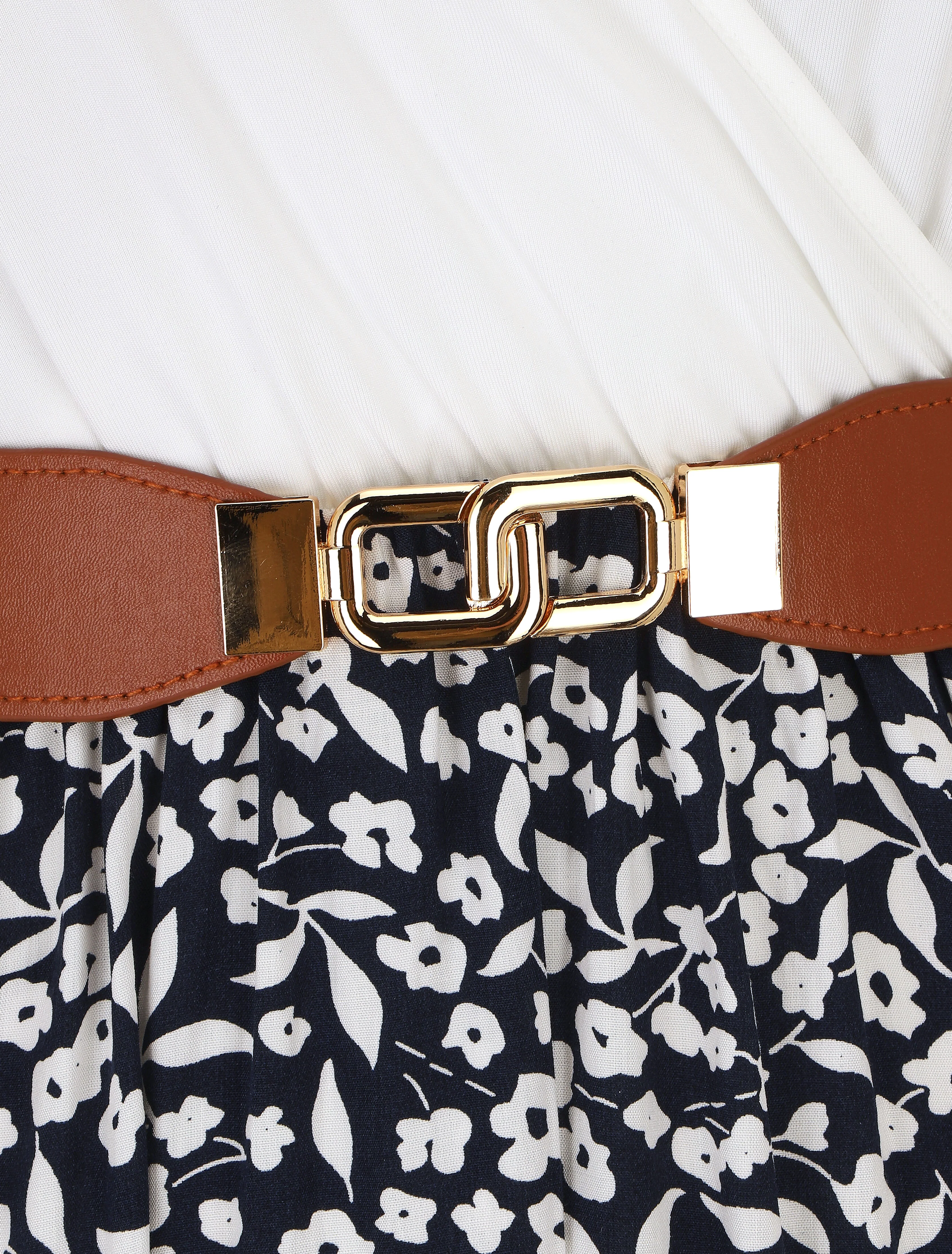 Robe mi-longue fleurie à fines bretelles - Marine - Image 3