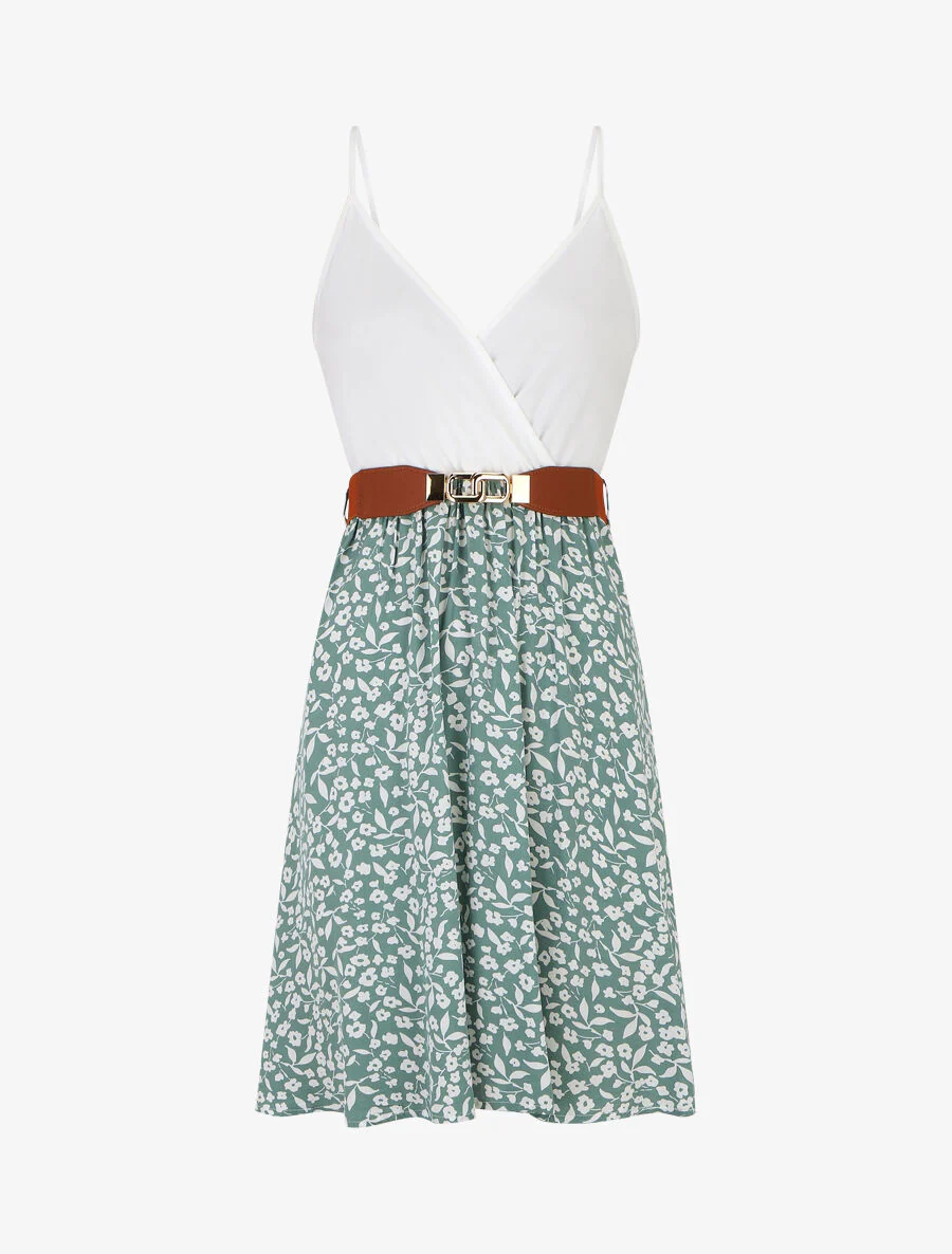Robe mi-longue fleurie à fines bretelles - Vert d'eau