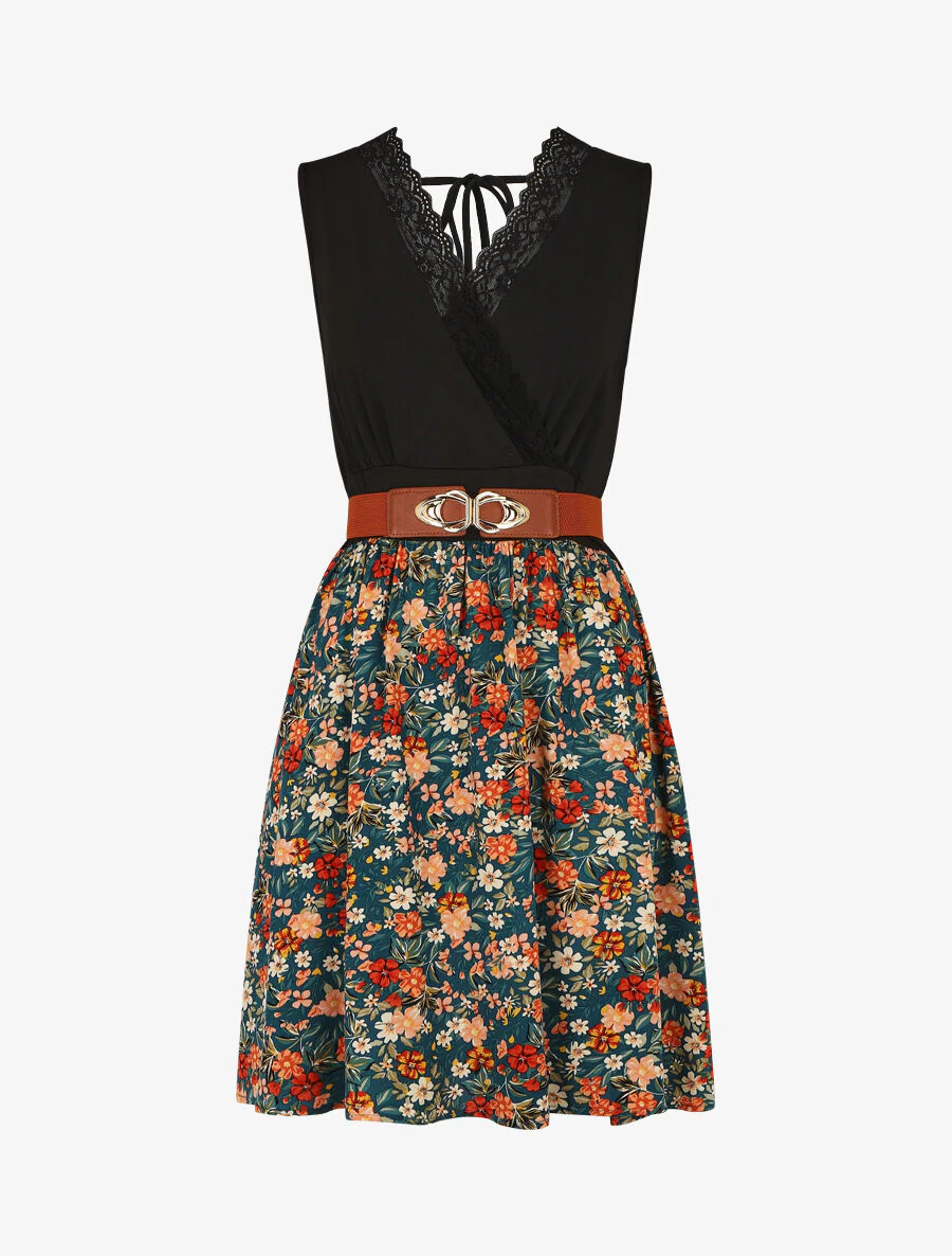 Robe mi-longue fleurie sans manches col dentelle - Bleu canard