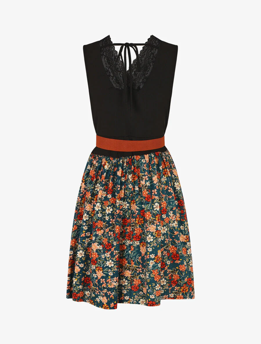 Robe mi-longue fleurie sans manches col dentelle - Bleu canard - Image 2