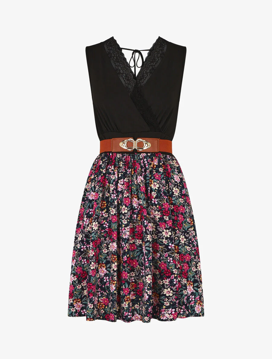 Robe mi-longue fleurie sans manches col dentelle - Marine