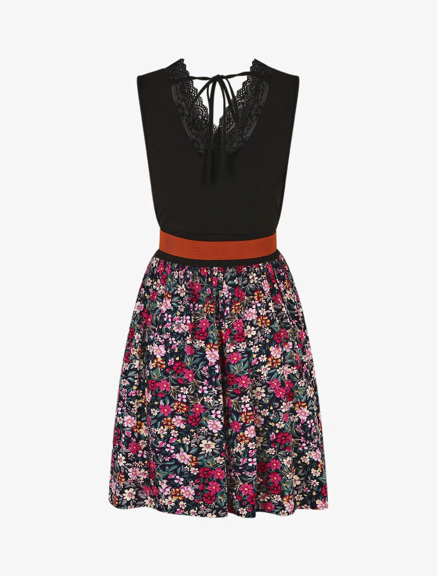 Robe mi-longue fleurie sans manches col dentelle - Marine - Image 2