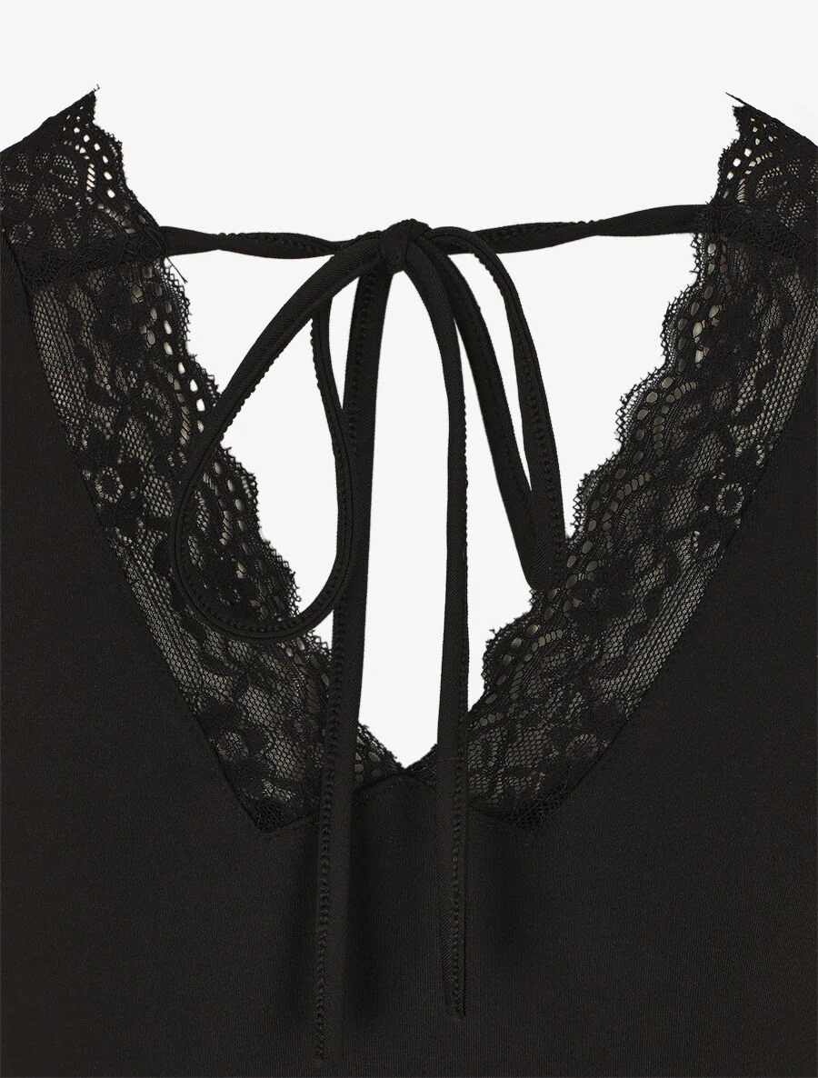 Robe mi-longue fleurie sans manches col dentelle - Marine - Image 3