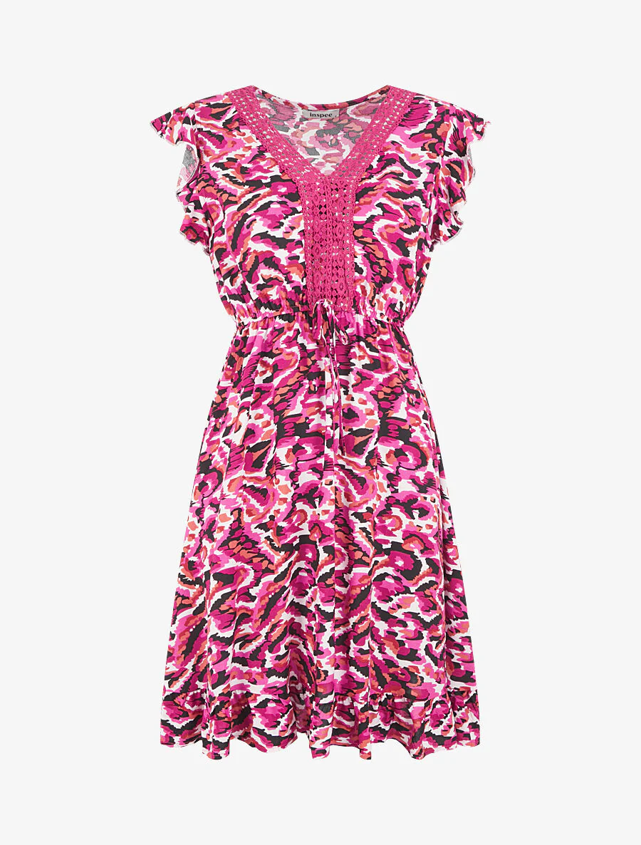 Robe mi-longue imprimé abstrait à cordons de serrage - Fushia