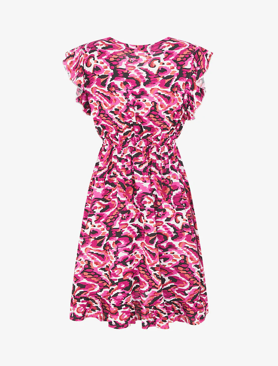 Robe mi-longue imprimé abstrait à cordons de serrage - Fushia - Image 2