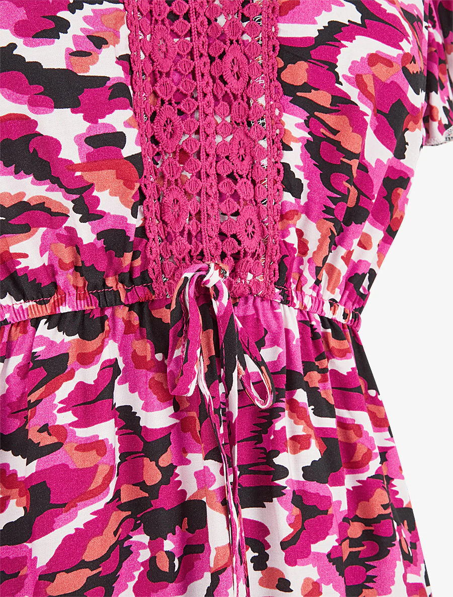 Robe mi-longue imprimé abstrait à cordons de serrage - Fushia - Image 3