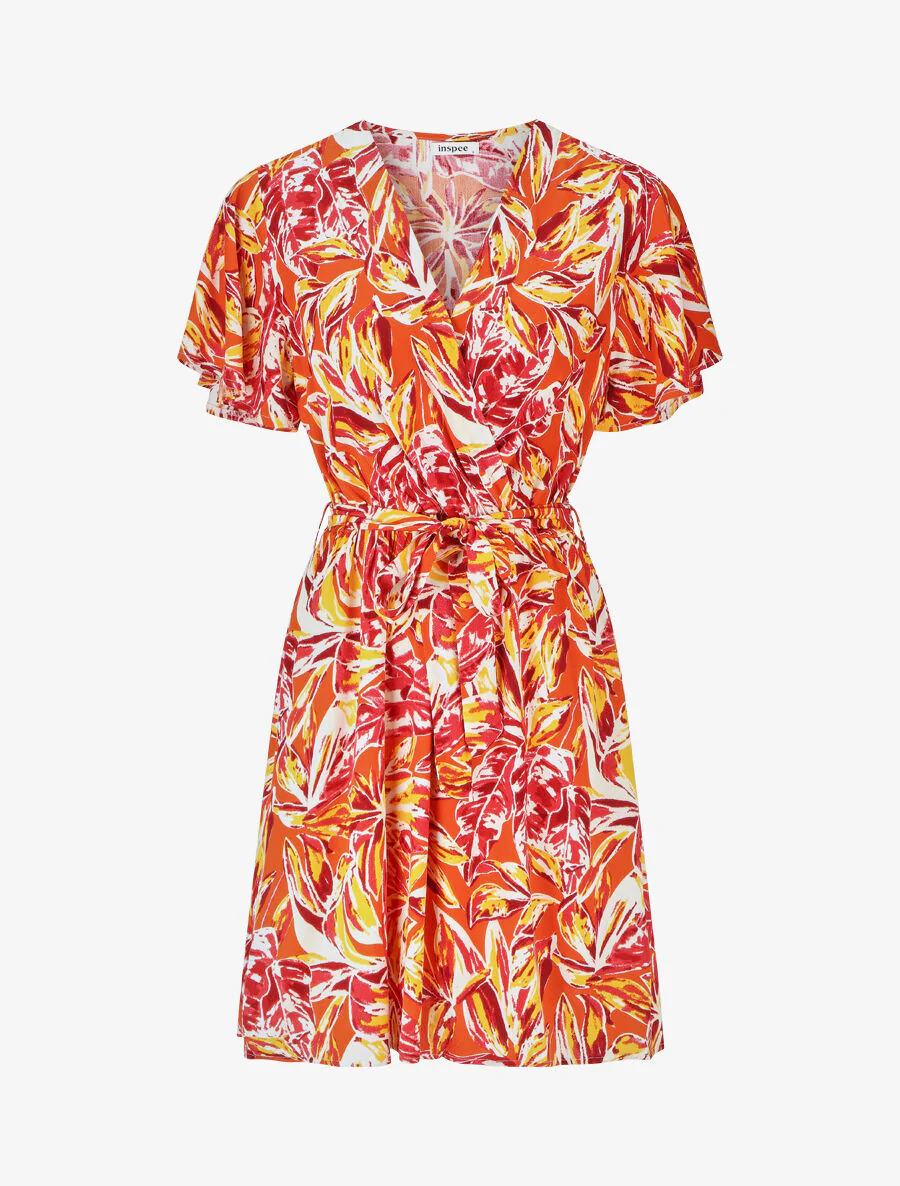 Robe mi-longue imprimé feuillage - Rouge