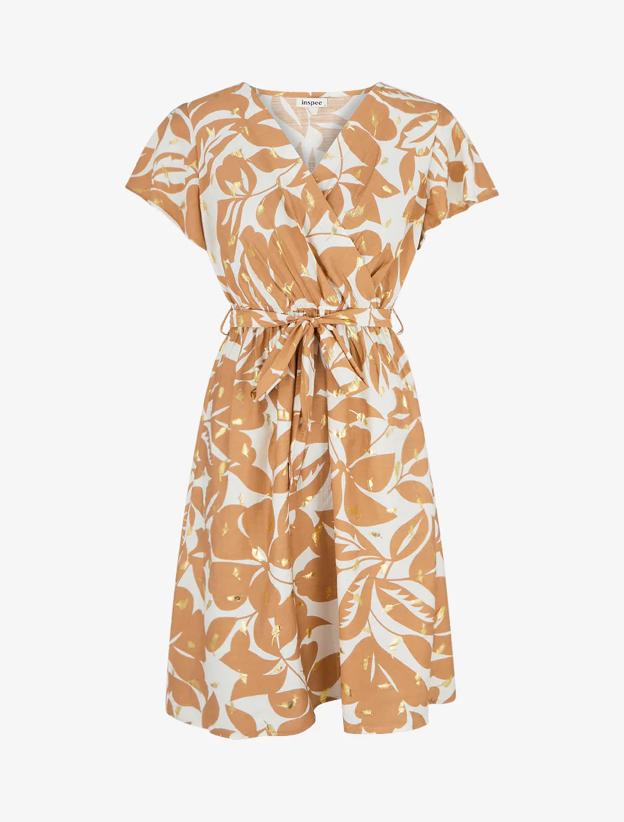 Robe mi-longue imprimé feuilles et irisée - Camel