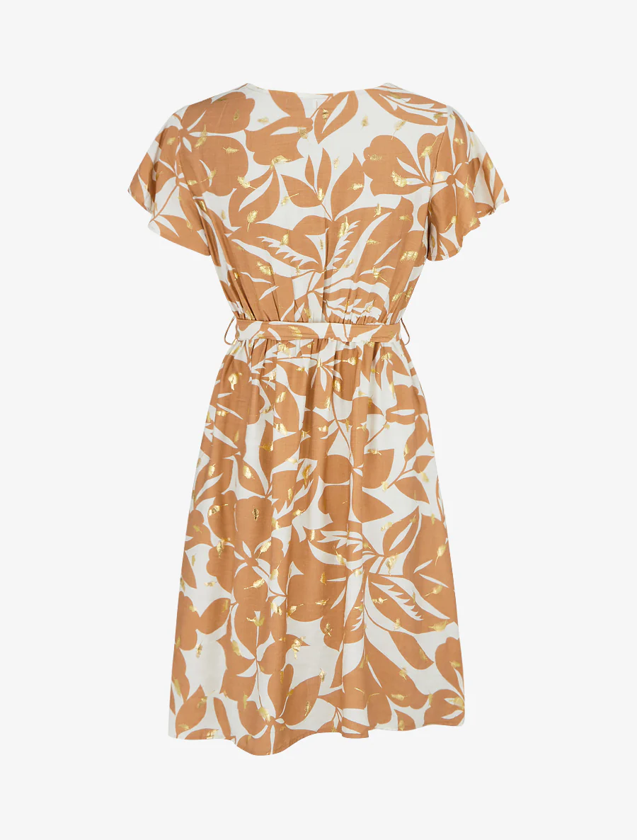 Robe mi-longue imprimé feuilles et irisée - Camel - Image 2