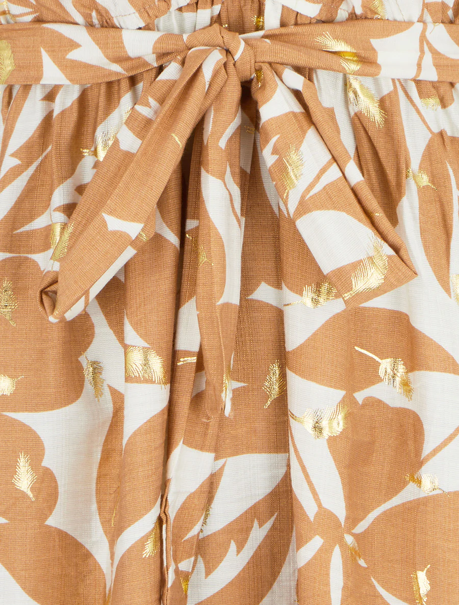 Robe mi-longue imprimé feuilles et irisée - Camel - Image 3