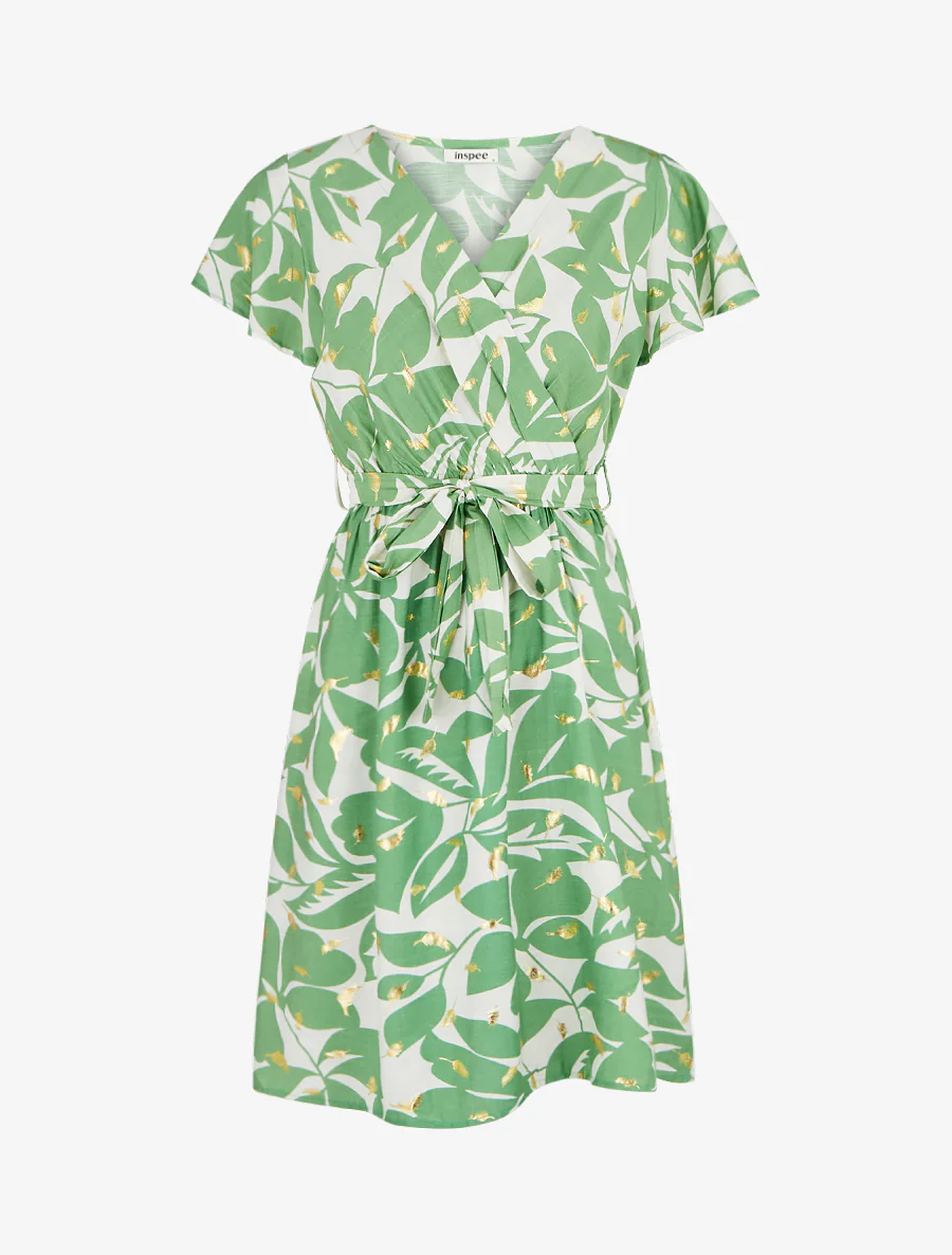 Robe mi-longue imprimé feuilles et irisée - Vert