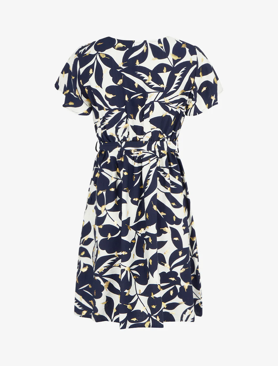 Robe mi-longue imprimé feuilles et irisée - Marine - Image 2