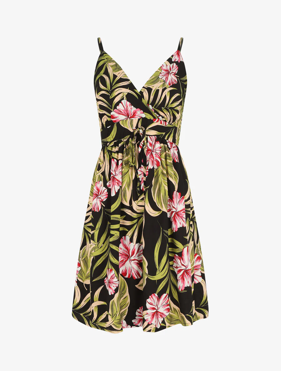 Robe mi-longue imprimé feuilles - Noir