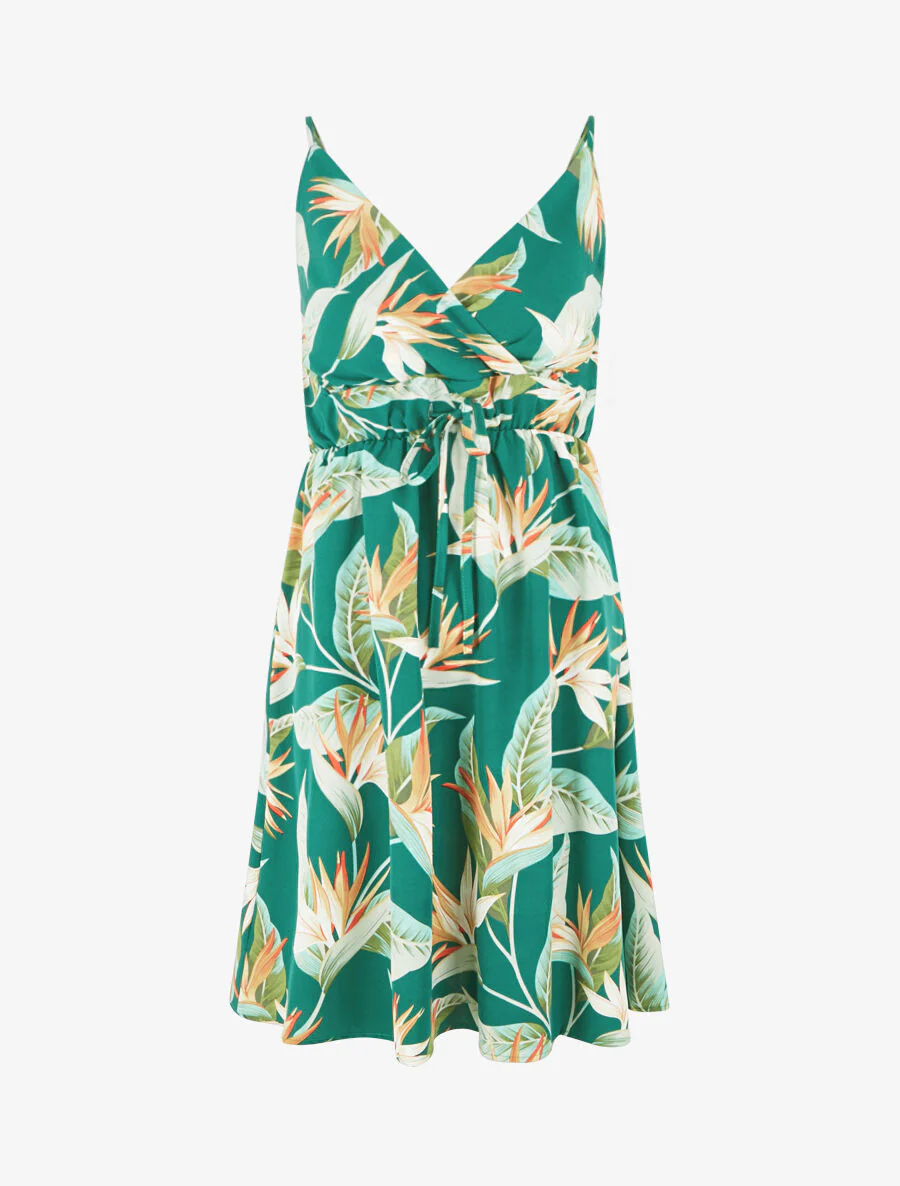 Robe mi-longue imprimé feuilles - Vert