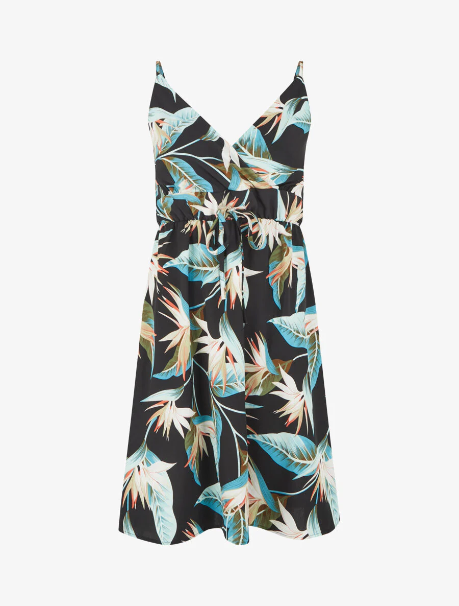 Robe mi-longue imprimé feuilles - Noir