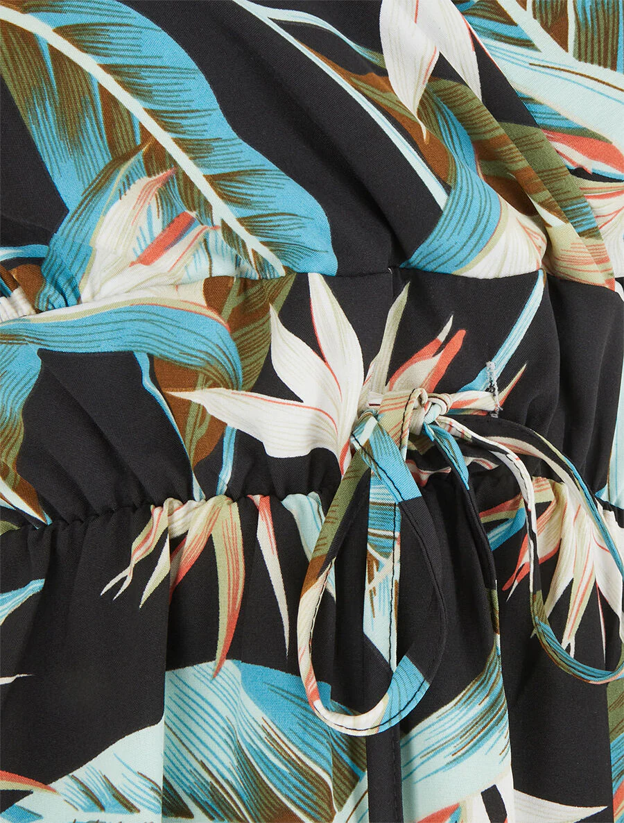 Robe mi-longue imprimé feuilles - Noir - Image 3
