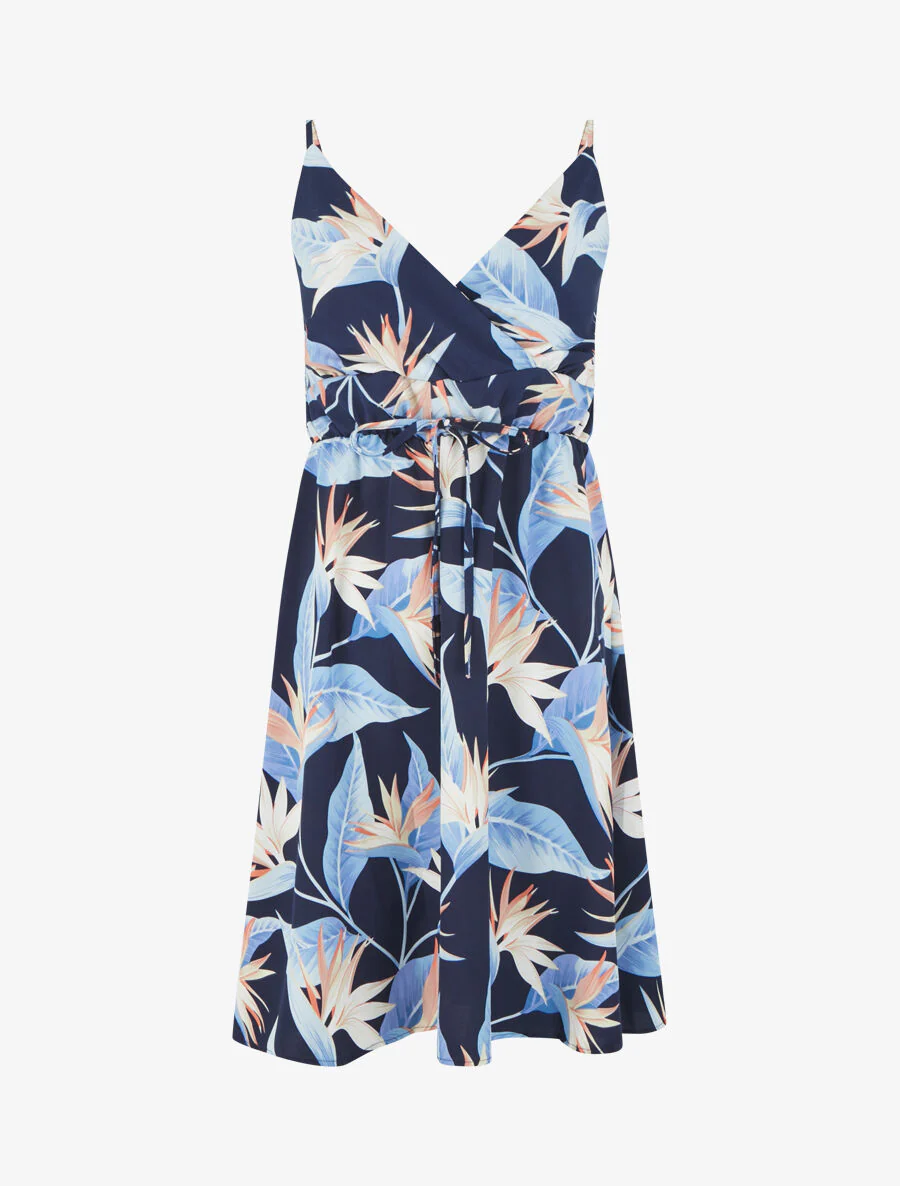 Robe mi-longue imprimé feuilles - Marine
