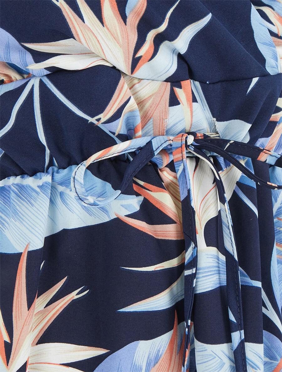 Robe mi-longue imprimé feuilles - Marine - Image 3