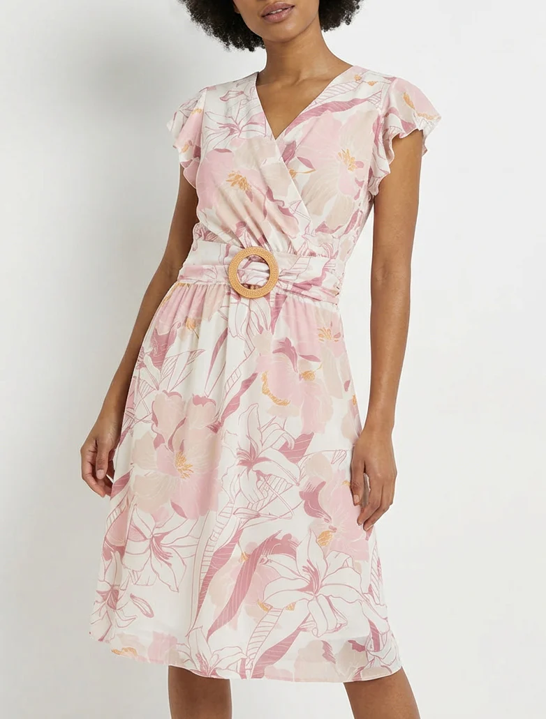 Robe mi-longue imprimé grandes fleurs à boucle - Rose - Image 4