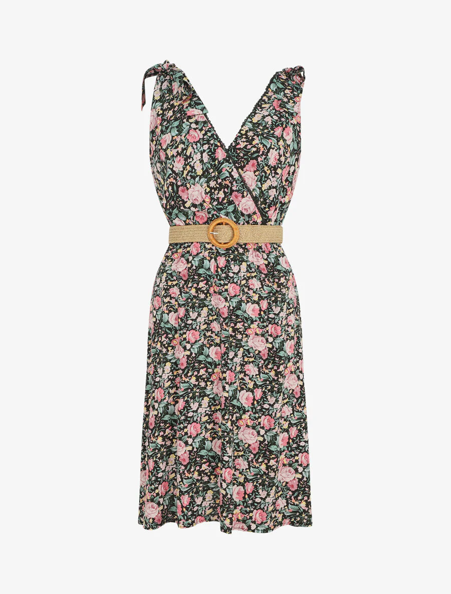 Robe mi-longue sans manches imprimé fleurs sauvages - Noir