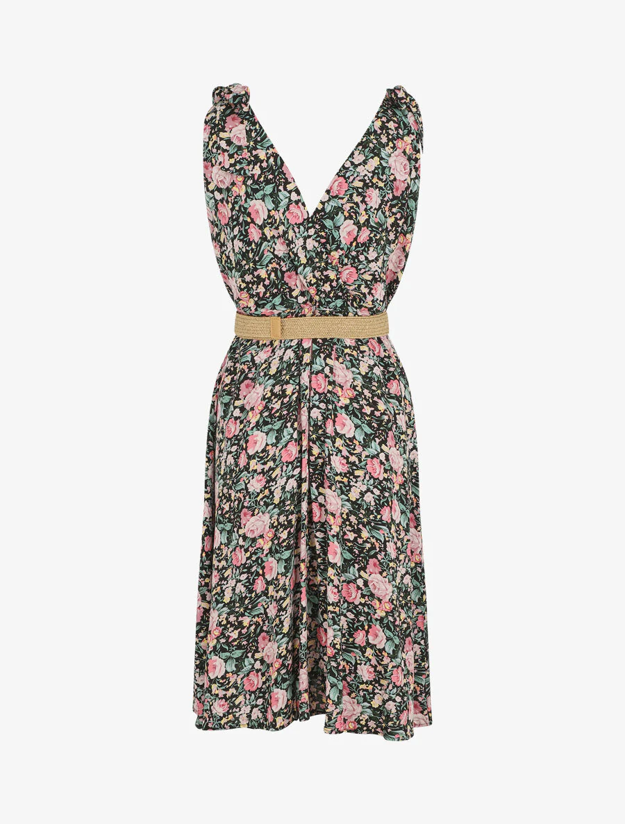 Robe mi-longue sans manches imprimé fleurs sauvages - Noir - Image 2