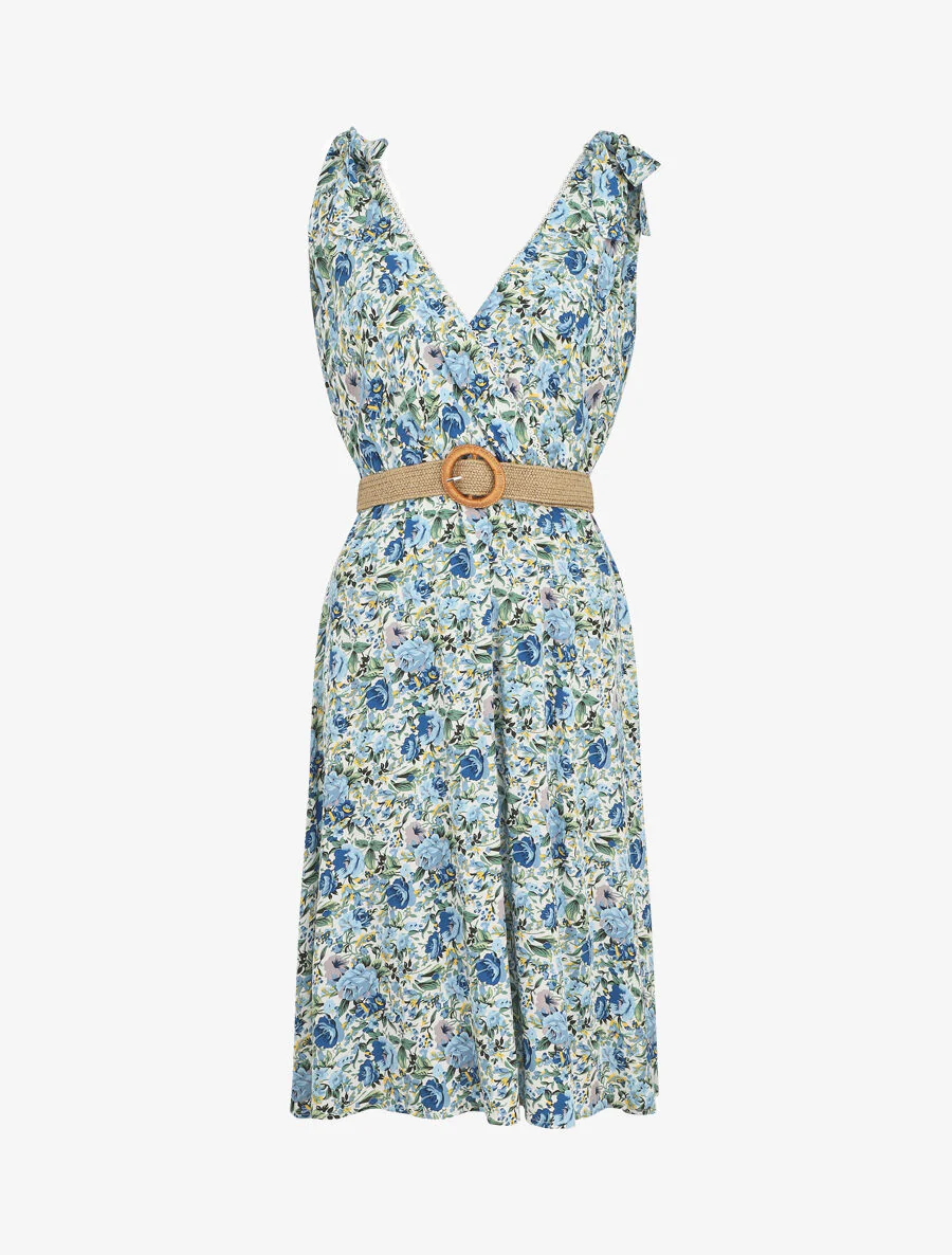 Robe mi-longue sans manches imprimé fleurs sauvages - Bleu