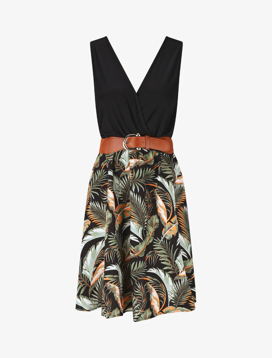 Robe mi-longue sans manches imprimé tropical - Noir