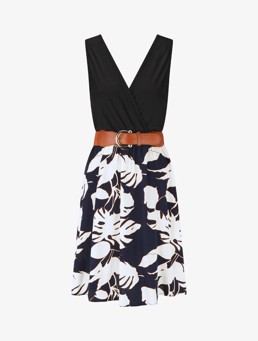 Robe mi-longue sans manches imprimé tropique - Marine